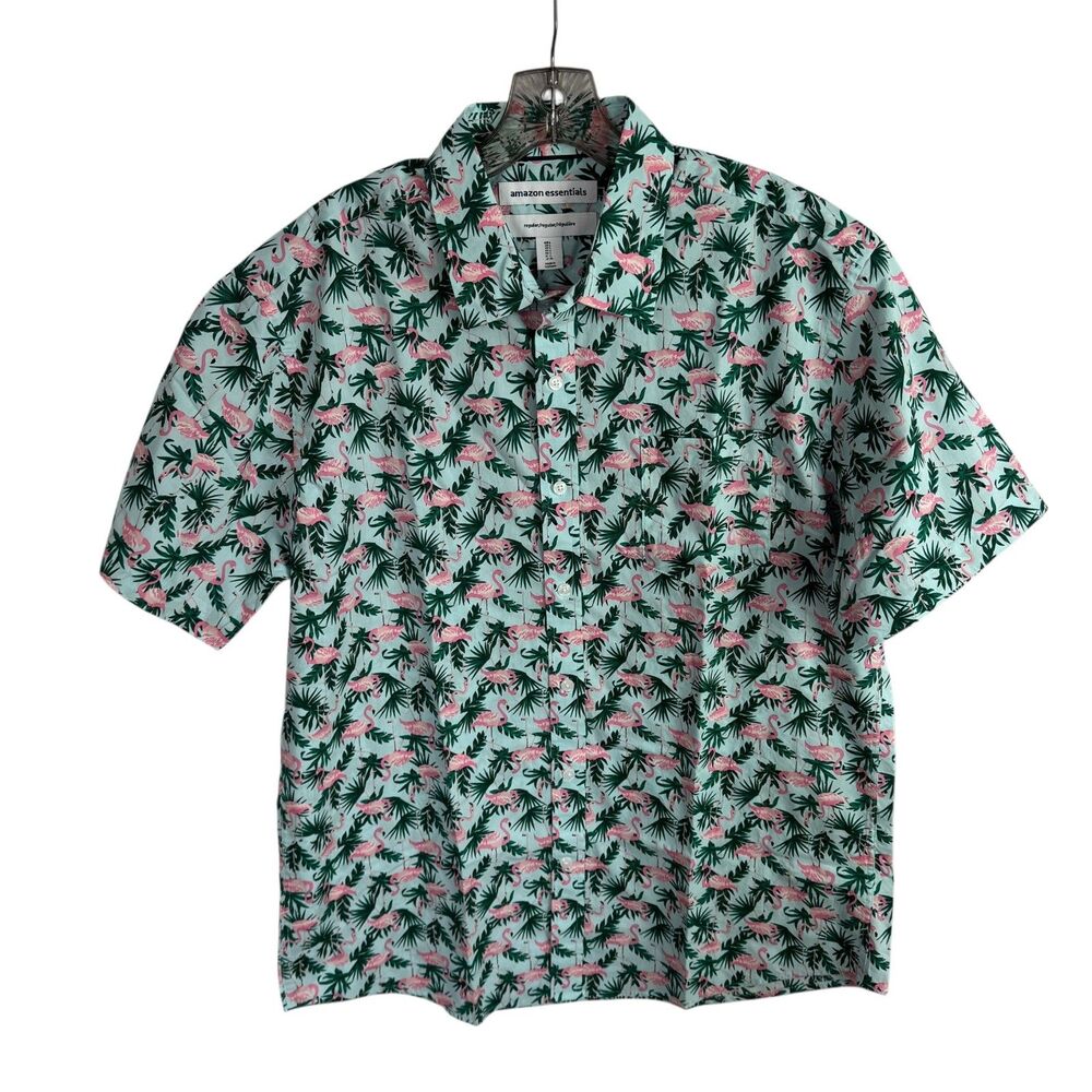 Amazon Essentials Men's Button Up Shirt Size Large Blue/Pink Flamingo Print NEW